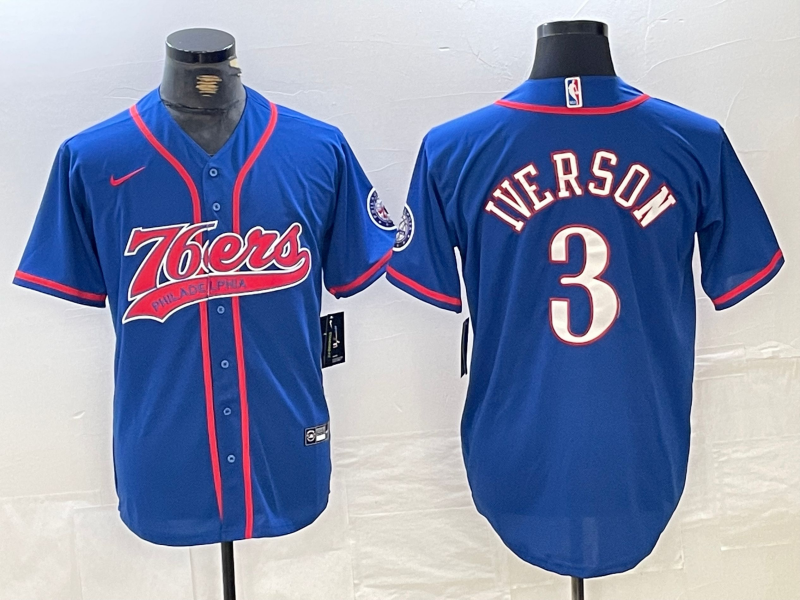 Men's Philadelphia 76ers #3 Allen Iverson Blue With Patch Cool Base Stitched Baseball Jersey