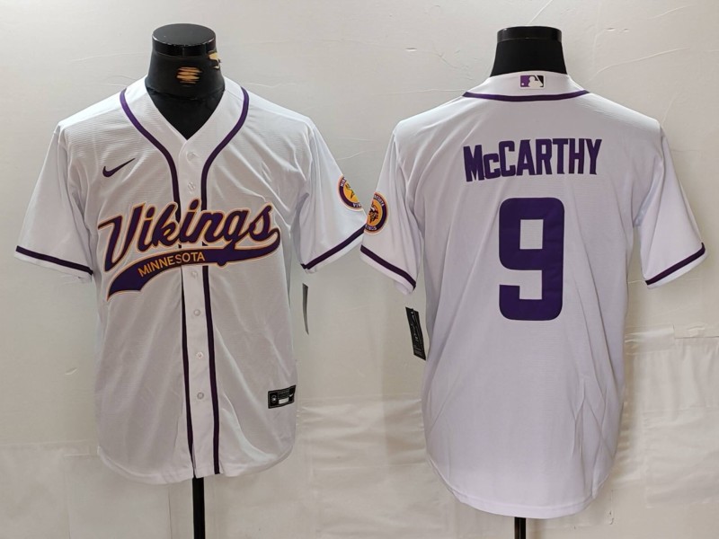 Men's Minnesota Vikings #9 JJ McCarthy White Cool Base Stitched Baseball Jersey