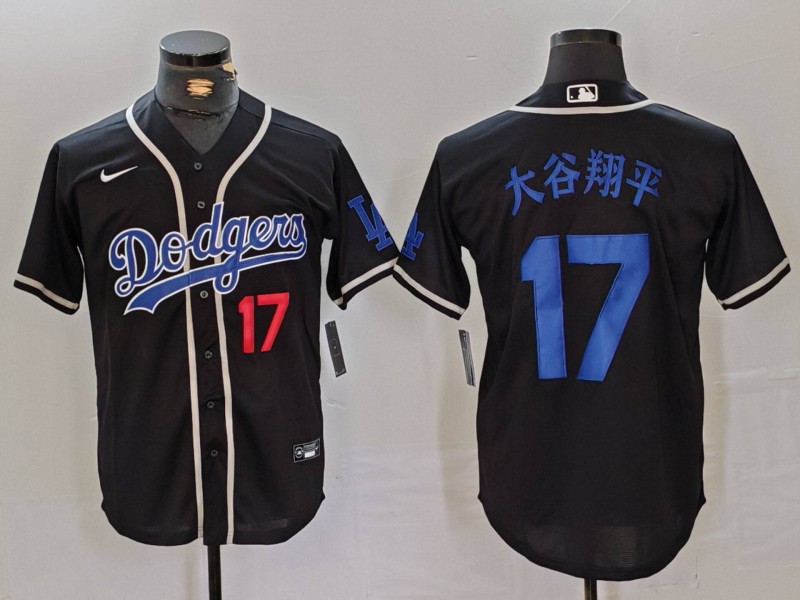 Men's Los Angeles Dodgers #17 大谷翔平 Number Black Cool Base With Patch Stitched Baseball Jersey