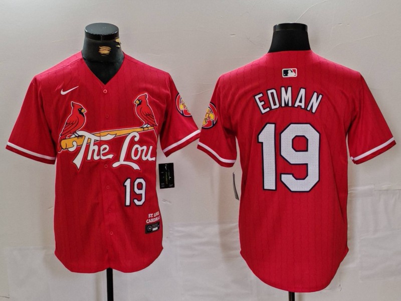 Men's St Louis Cardinals #19 Tommy Edman Red 2024 City Connect Stitched Baseball Jersey