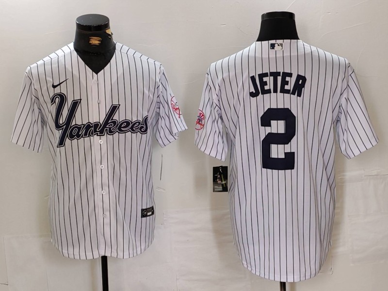 Men's New York Yankees #2 Derek Jeter White Pinstripe Fashion Cool Base Jersey