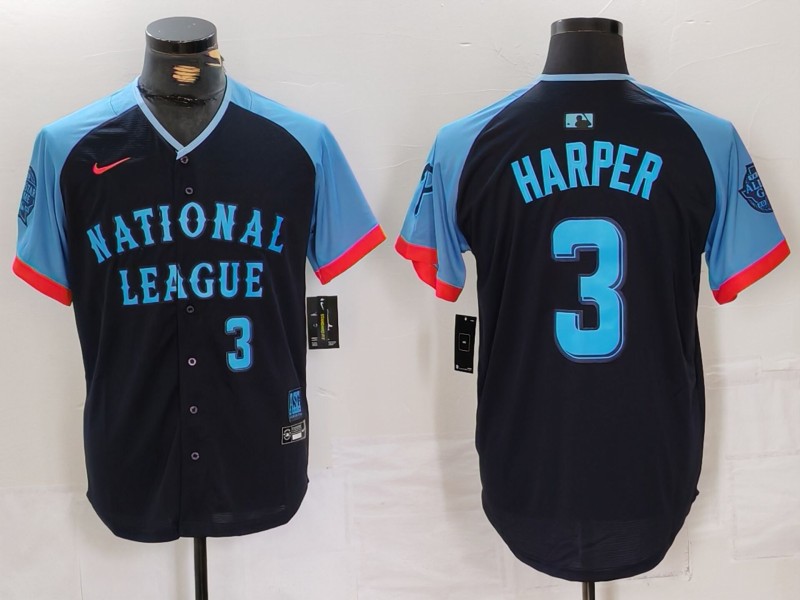 Men's Philadelphia Phillies #3 Bryce Harper Number Navy 2024 All Star Limited Stitched Jersey