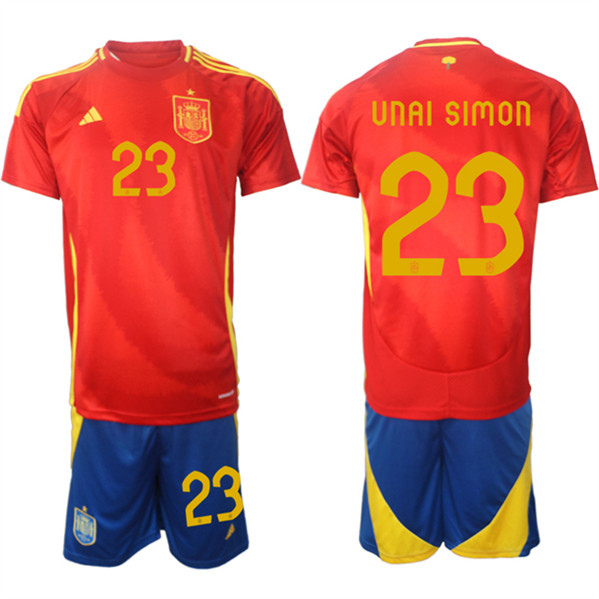 Men's Spain Team #23 Unai Simón 2024-25 Red Home Soccer Jersey Suit