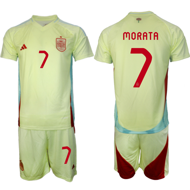 Men's Spain Team #7 álvaro Morata 2024-25 Yellow Away Soccer Jersey Suit