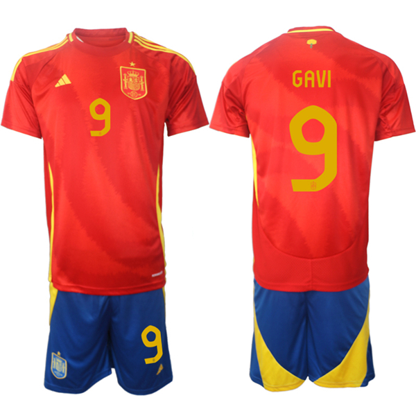 Men's Spain Team #9 Gavi 2024-25 Red Home Soccer Jersey Suit