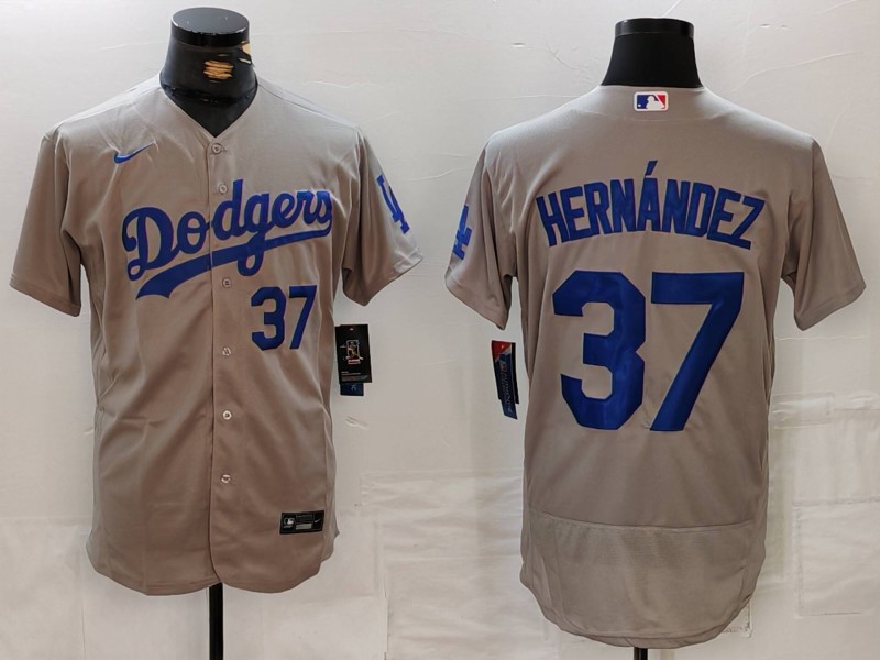 Men's Los Angeles Dodgers #37 Teoscar Hernandez Number Grey Flex Base Stitched Jerseys