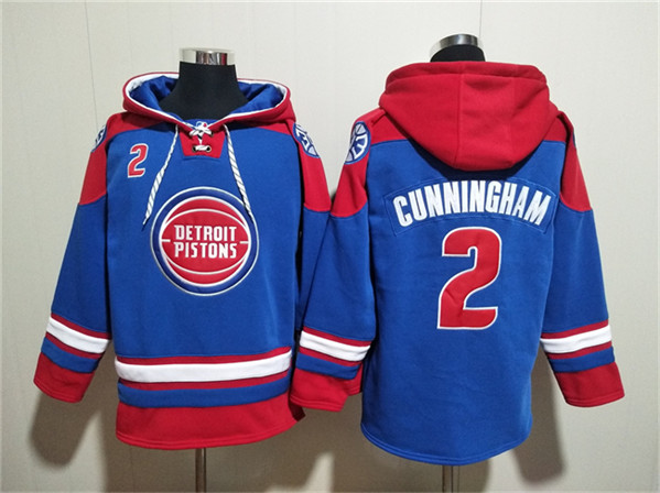 Men's Detroit Pistons #2 Cade Cunningham Blue Red Lace-Up Pullover Hoodie