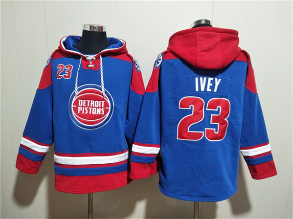 Men's Detroit Pistons #23 Jaden Ivey Blue Red Lace-Up Pullover Hoodie