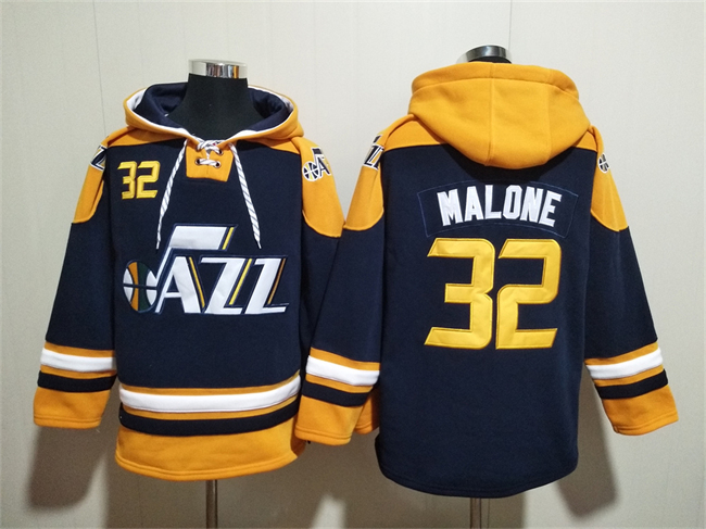 Men's Utah Jazz #32 Karl Malone Navy Yellow Lace-Up Pullover Hoodie