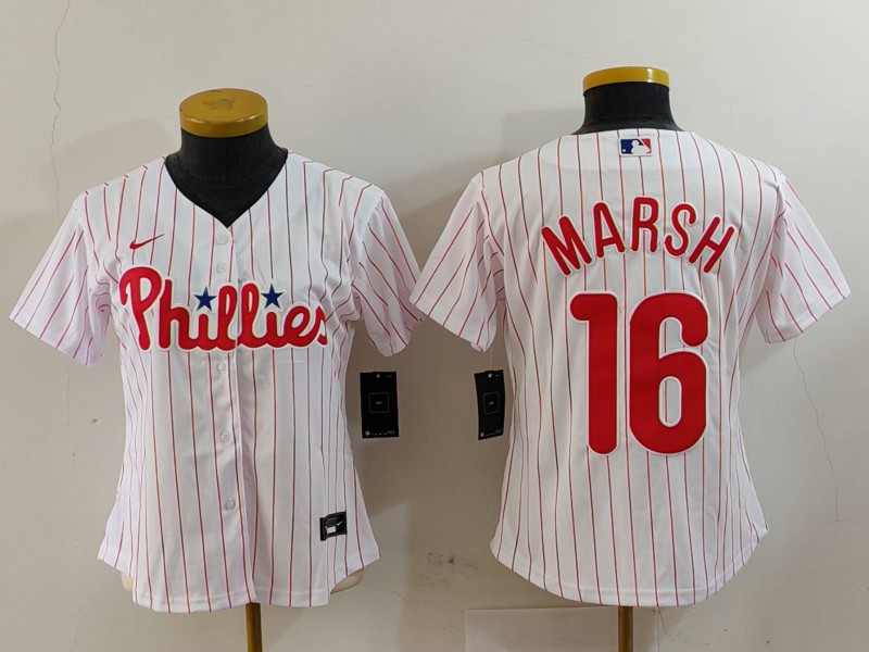 Women's Philadelphia Phillies #16 Brandon Marsh White Pinstripe Stitched Cool Base Jersey