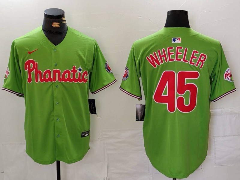 Men's Philadelphia Phillies #45 Zack Wheeler Green With Patch Stitched Cool Base Nike Jersey