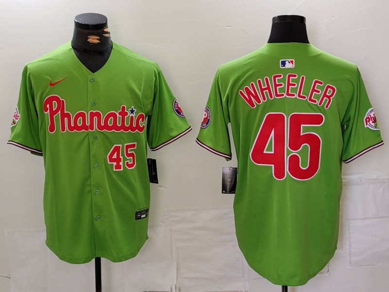 Men's Philadelphia Phillies #45 Zack Wheeler Number Green With Patch Stitched Cool Base Nike Jersey