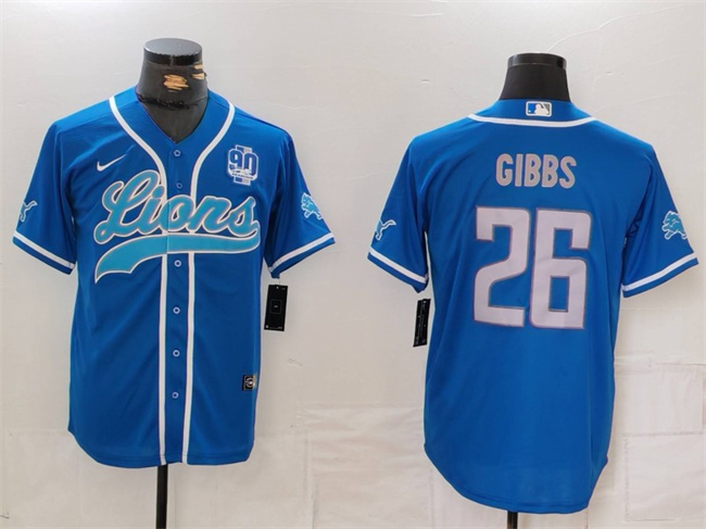 Men's Detroit Lions #26 Jahmyr Gibbs Blue With 90th Anniversary Patch Cool Base Stitched Baseball Jersey