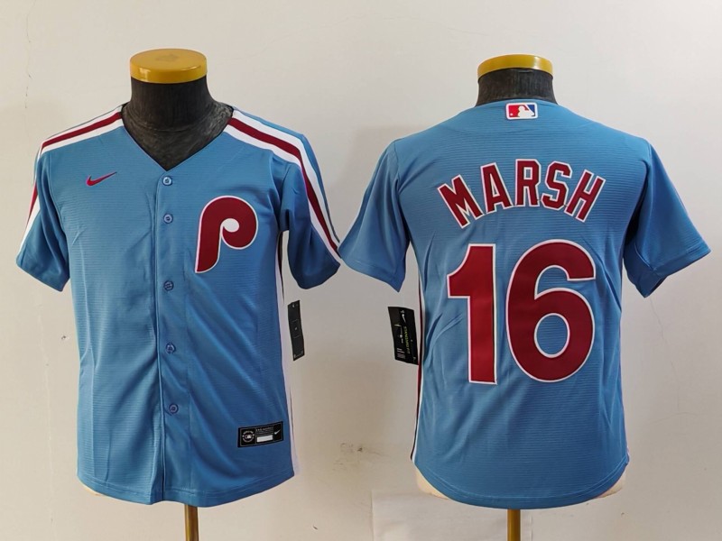 Youth Philadelphia Phillies #16 Brandon Marsh Light Blue Cooperstown Cool Base Jersey