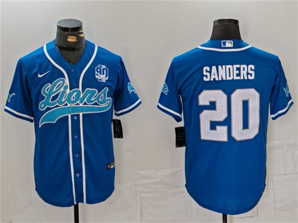 Men's Detroit Lions #20 Barry Sanders Blue With 90th Anniversary Patch Cool Base Stitched Baseball Jerseys