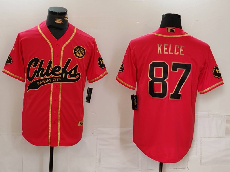 Men's Kansas City Chiefs #87 Travis Kelce Red Gold Cool Base Stitched Baseball Jersey