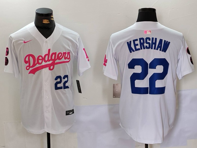 Men's Los Angeles Dodgers #22 Clayton Kershaw White Pink Vin & Kobe Patch Stitched Baseball Jersey 1