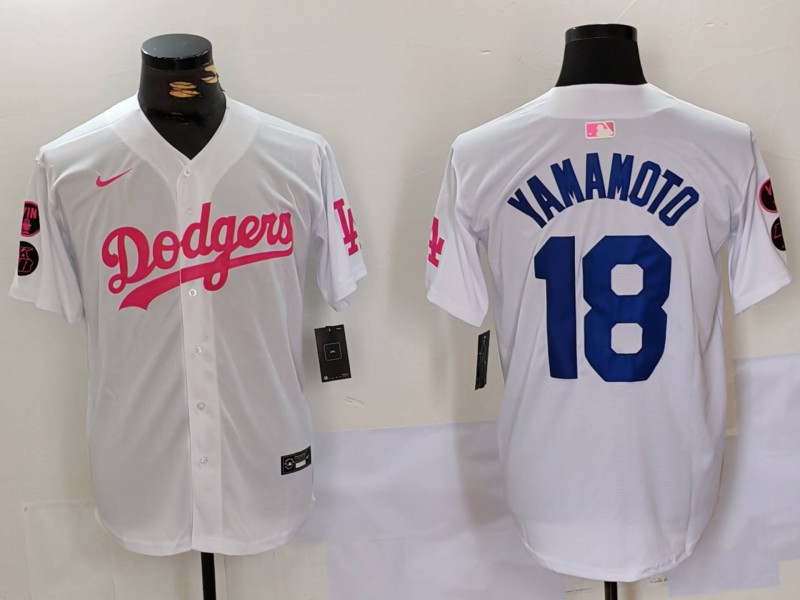 Men's Los Angeles Dodgers #18 Yoshinobu Yamamoto White Pink Vin & Kobe Patch Stitched Baseball Jersey1