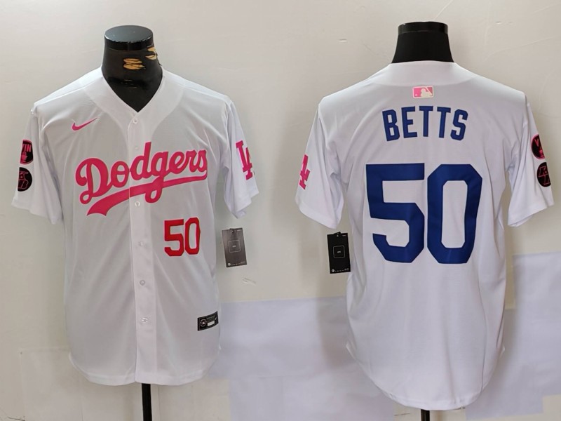 Men's Los Angeles Dodgers #50 Mookie Betts White Pink Vin & Kobe Patch Stitched Baseball Jersey