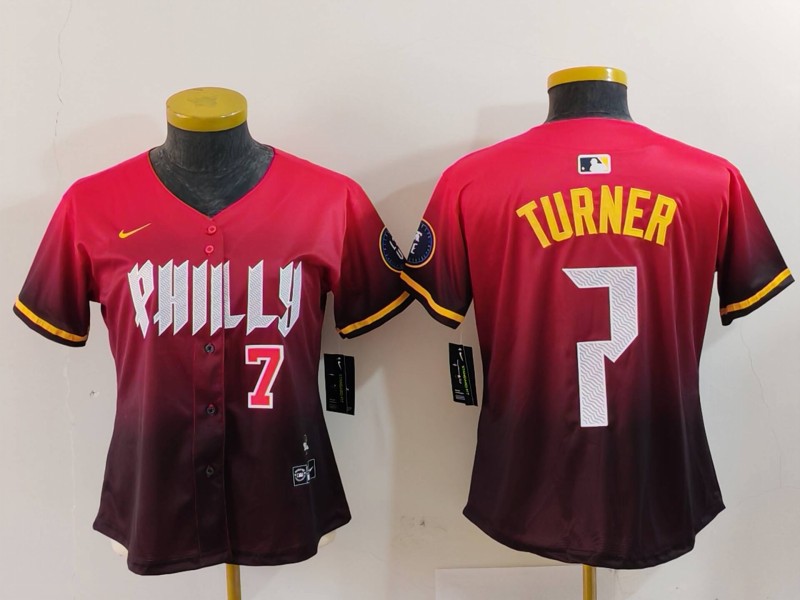 Women's Philadelphia Phillies #7 Trea Turner Number Red 2024 City Connect Limited Jerseys