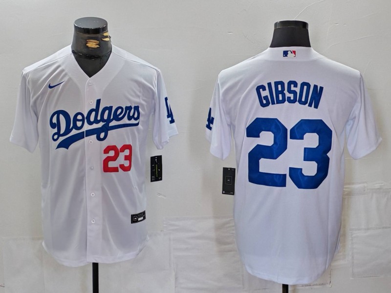 Men's Los Angeles Dodgers #23 Kirk Gibson Number White Cool Base Stitched Jersey