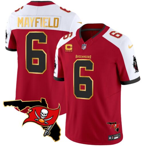 Men's Tampa Bay Buccaneers #6 Baker Mayfield Red White With Florida Patch Gold Trim Vapor Football Stitched Jersey