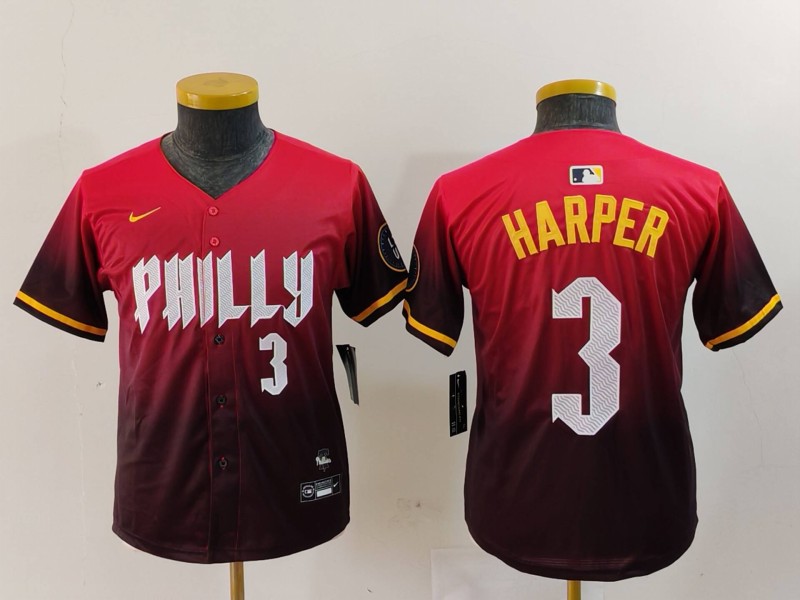 Youth Philadelphia Phillies #3 Bryce Harper Number Red 2024 City Connect Limited Jersey