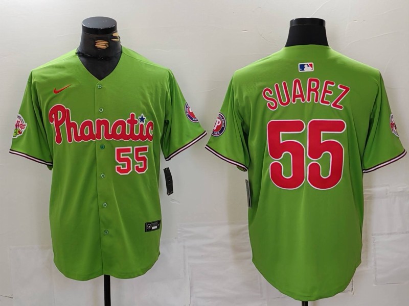 Men's Philadelphia Phillies #55 Ranger Suarez Number Green With Patch Stitched Cool Base Nike Jersey