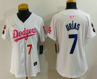 Women's Los Angeles Dodgers #7 Julio Urias Number White Pink With Patch Limited Stitched Jersey