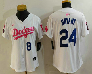 Women's Los Angeles Dodgers #8 24 Kobe Bryant Number White Pink With Patch Limited Stitched Jersey