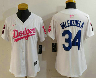 Women's Los Angeles Dodgers #34 Toro Valenzuela White Pink With Patch Limited Stitched Jersey