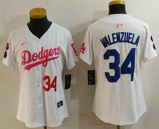 Women's Los Angeles Dodgers #34 Toro Valenzuela Number White Pink With Patch Limited Stitched Jersey