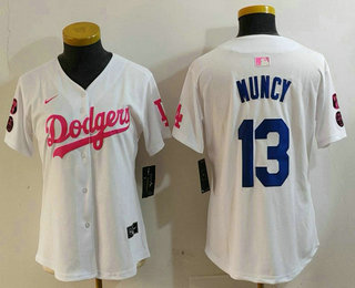 Women's Los Angeles Dodgers #13 Max Muncy White Pink With Patch Limited Stitched Jersey