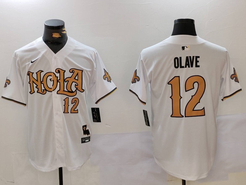 Men's New Orleans Saints #12 Chris Olave Number White Nola Stitched Baseball Jersey