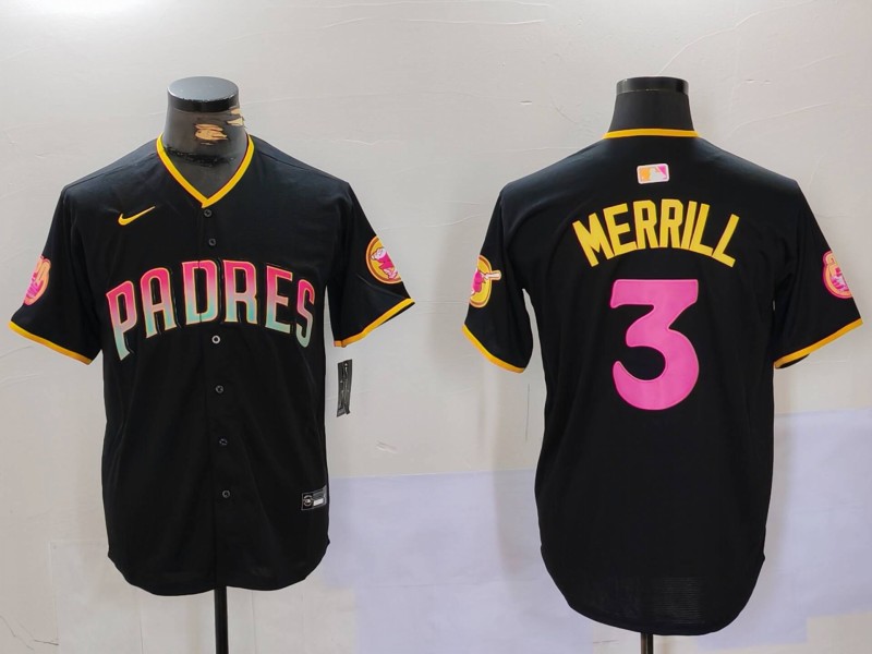 Men's San Diego Padres #3 Jackson Merrill Black Cool Base Stitched Baseball Jersey