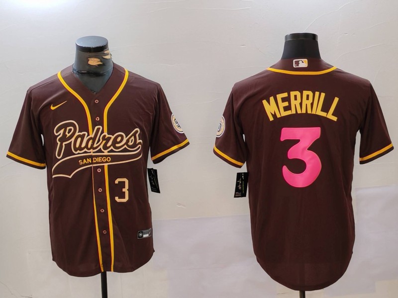 Men's San Diego Padres #3 Jackson Merrill Number Brown Cool Base Stitched Baseball Jerseys