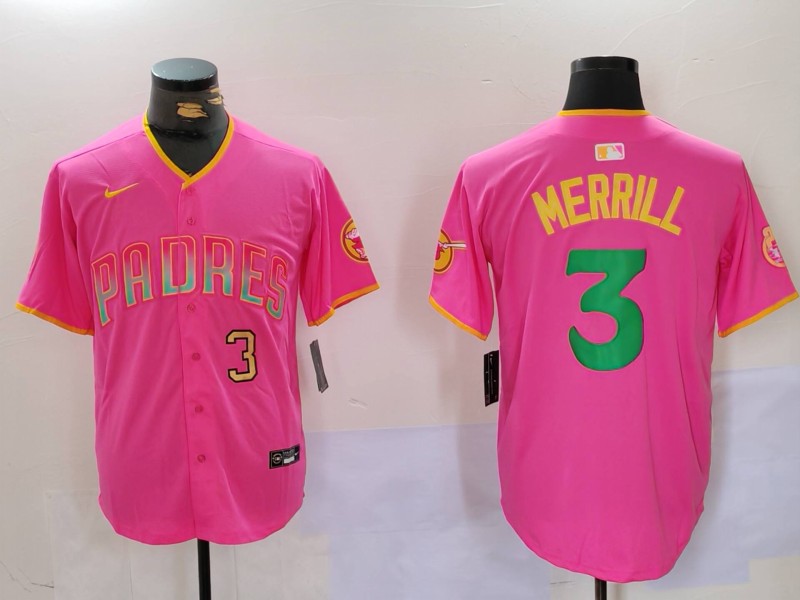 Men's San Diego Padres #3 Jackson Merrill Red Number Cool Base Stitched Baseball Jerseys