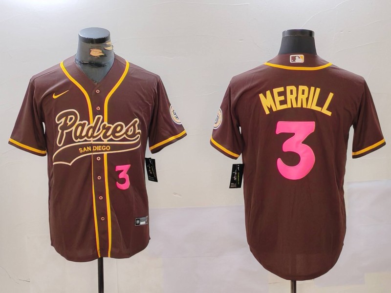 Men's San Diego Padres #3 Jackson Merrill Brown Number Cool Base Stitched Baseball Jersey