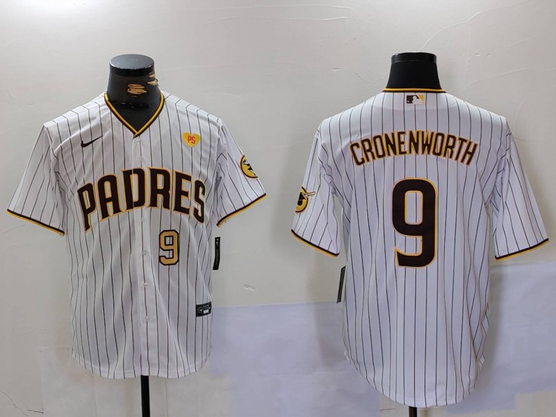 Men's San Diego Padres #9 Jake Cronenworth Number White With PS Patch Cool Base Stitched Baseball Jersey