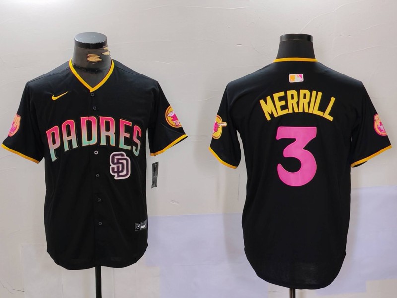 Men's San Diego Padres #3 Jackson Merrill Black SD Cool Base Stitched Baseball Jersey