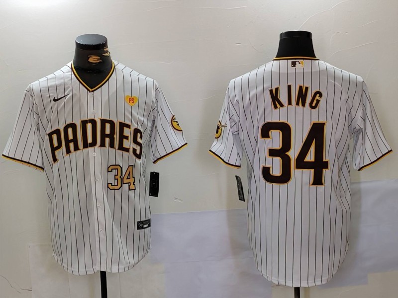 Men's San Diego Padres #34 Michael King Number White With PS Patch Cool Base Stitched Baseball Jersey