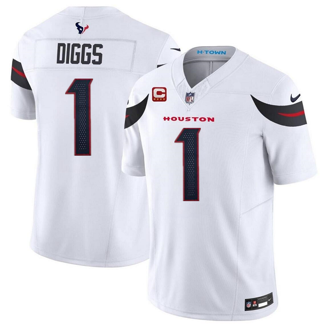 Men's Houston Texans #1 Stefon Diggs White 2024 Vapor F.U.S.E. With 4-Star C Patch Limited Stitched Jersey