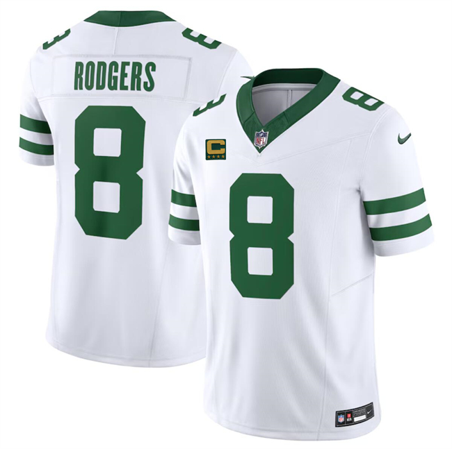 Men's New York Jets #8 Aaron Rodgers White 2023 F.U.S.E. With 4-Star C Patch Vapor Limited Throwback Stitched Football Jersey