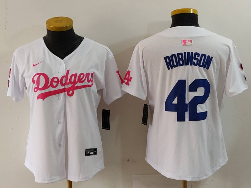 Women's Los Angeles Dodgers #42 Jackie Robinson White Pink With Patch Limited Stitched Jersey