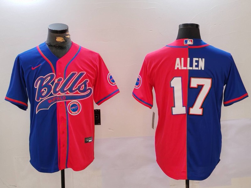 Men's Buffalo Bills #17 Josh Allen Red Blue Team Cool Base Stitched Baseball Jersey