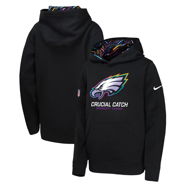 Youth Philadelphia Eagles Black 2024 Crucial Catch Club Pullover Hoodie