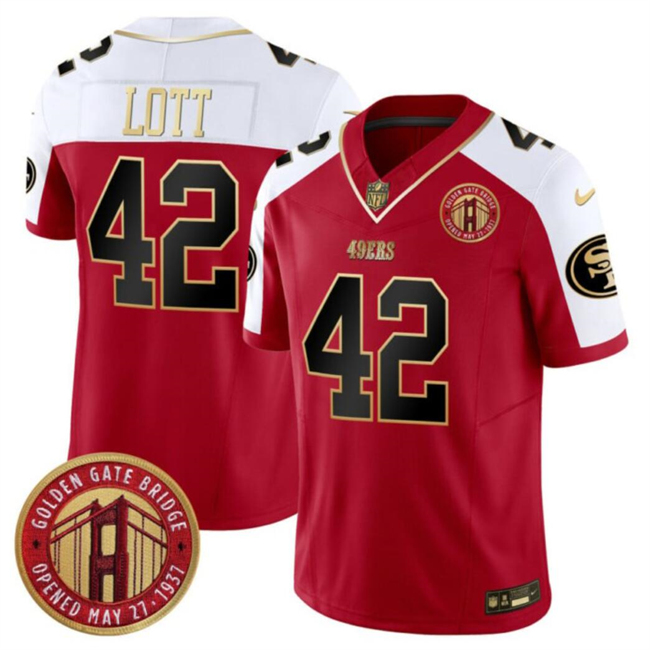 Men's San Francisco 49ers #42 Ronnie Lott Red_White F.U.S.E. Golden Gate Bridge Patch Alternate Vapor Limited Stitched Football Jersey