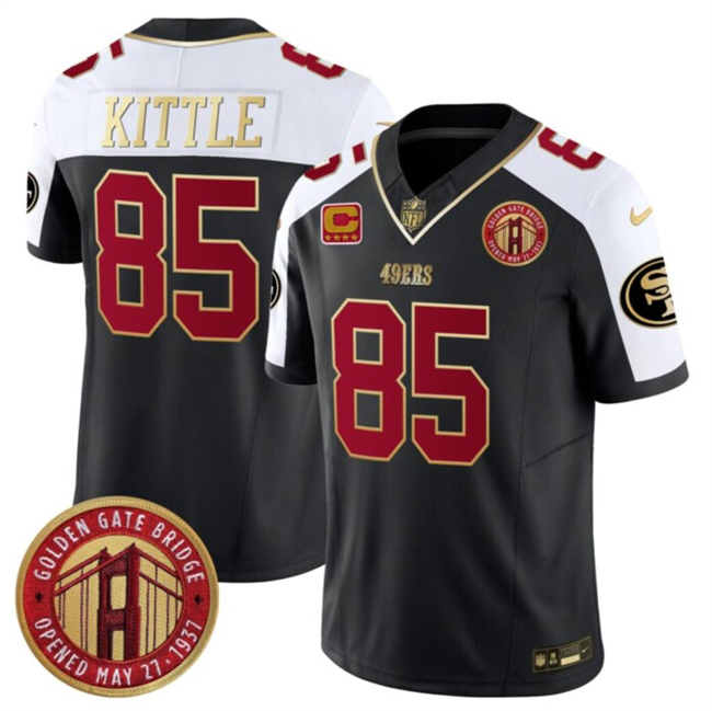 Men's San Francisco 49ers #85 George Kittle Balck_White F.U.S.E. With 4-Star C Patch Golden Gate Bridge Patch Alternate Vapor Limited Stitched Football Jersey