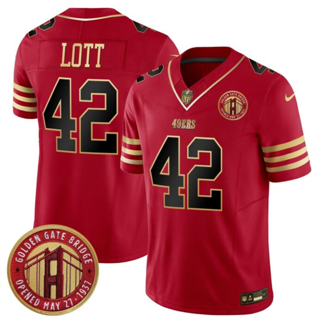 Men's San Francisco 49ers #42 Ronnie Lott Red F.U.S.E. Golden Gate Bridge Patch Balck Scarlet Vapor Limited Stitched Football Jersey