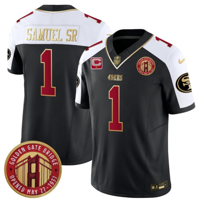 Men's San Francisco 49ers #1 Deebo Samuel Sr. Balck_White F.U.S.E. With 1-Star C Patch Golden Gate Bridge Patch Alternate Vapor Limited Stitched Football Jersey